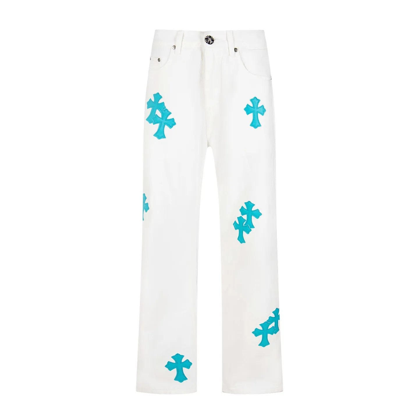 P220 high version, running quantity) Chrome Hearts white pants, green leather, hot style patchwork couple's best friend jeans. CH jeans need to be washed and then disassembled and hand-ordered with sheepskin cross leather and then spliced ​​to complete. The whole piece has too many craftsmanship to describe. The patches are decorated with cross flowers, and the high-waisted washed jeans! ! Absolutely high-end luxury products, god-level single products and super popular products, made with top heavy industry, a must-see magic weapon. Customized hardware. The fabric is thick and soft after washing. It has good breathability. Customized small leather label. Unique design. The details are simple and elegant, and the workmanship is exquisite. The entire trousers are neatly routed and the details are in place! It’s so cool that both men and women can easily control the genderless trend! Style number: 1816# Color: white pants and green leather Size: 28 30 32 34 36